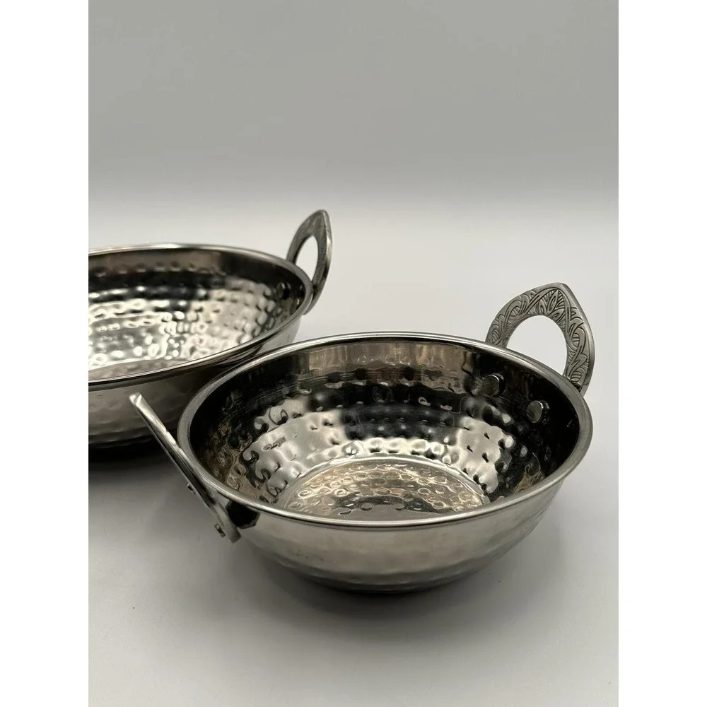 Pair of Hammered Metal Bowls — Ornate Engraved Handles, Vintage Decorative Bowls